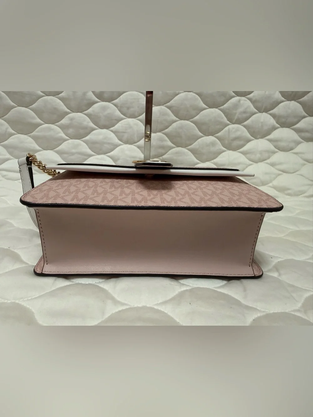 Michael Kors Blush Pink & White Leather Shoulder Bag with Gold MK Accent